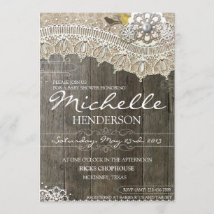 Rustic Lace Wood Baby shower Uitnodiging