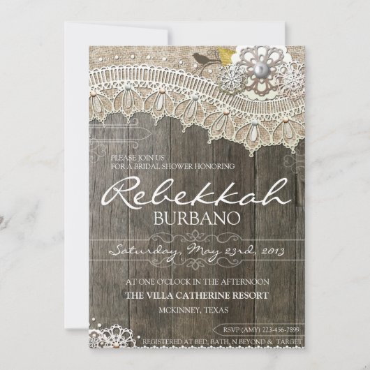 Rustic Lace Wood Bridal Shower Kaart (Voorkant)