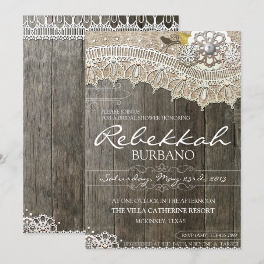 Rustic Lace Wood Bridal Shower Kaart (Voorkant / Achterkant)
