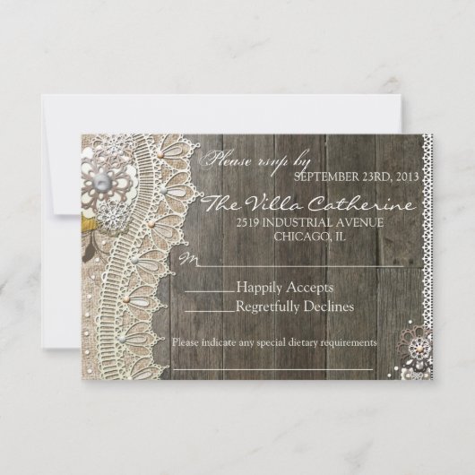 Rustic Lace Wood Floral Wedding Reception RSVP (Voorkant)
