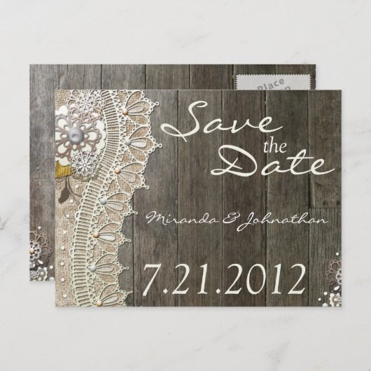 Rustic Lace Wood Save the Date Briefkaarten (Voorkant / Achterkant)