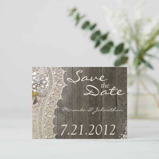 Rustic Lace Wood Save the Date Briefkaarten (Staand voorkant)