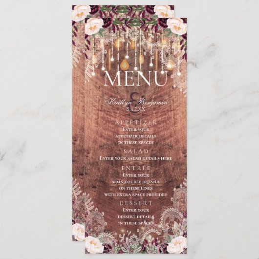 Rustic Lace Wood & String Lights Wedding Menu (Voorkant / Achterkant)