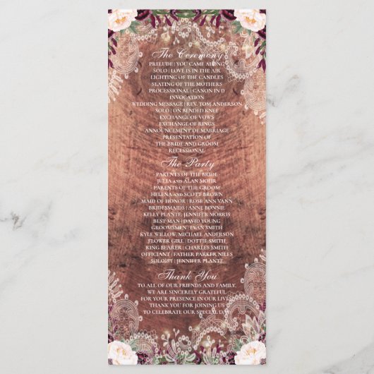 Rustic Lace Wood String Lights Wedding Programme Programmakaart (Achterkant)
