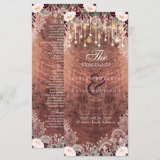 Rustic Lace Wood String Lights Wedding Programme Programmakaart (Voorkant / Achterkant)