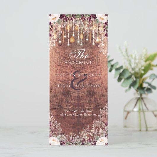 Rustic Lace Wood String Lights Wedding Programme Programmakaart (Staand voorkant)
