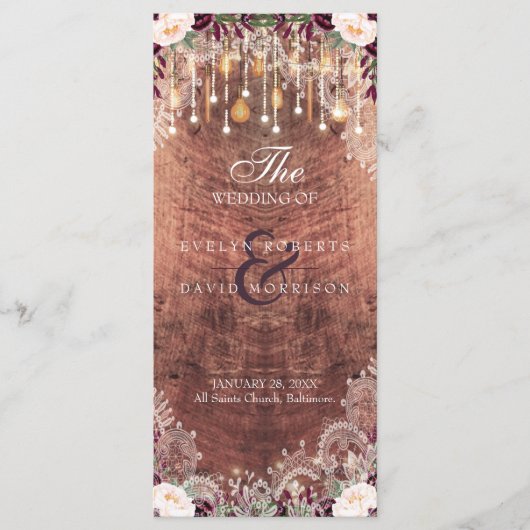 Rustic Lace Wood String Lights Wedding Programme Programmakaart (Voorkant)