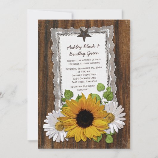 Rustic Lace Wood Sunflower Daisy Country Weddensch Kaart (Voorkant)