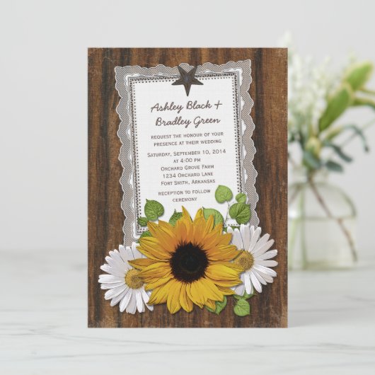 Rustic Lace Wood Sunflower Daisy Country Weddensch Kaart (Staand voorkant)