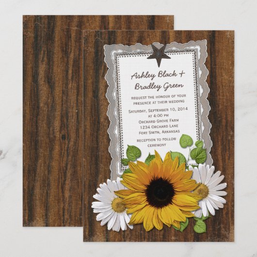 Rustic Lace Wood Sunflower Daisy Country Weddensch Kaart (Voorkant / Achterkant)