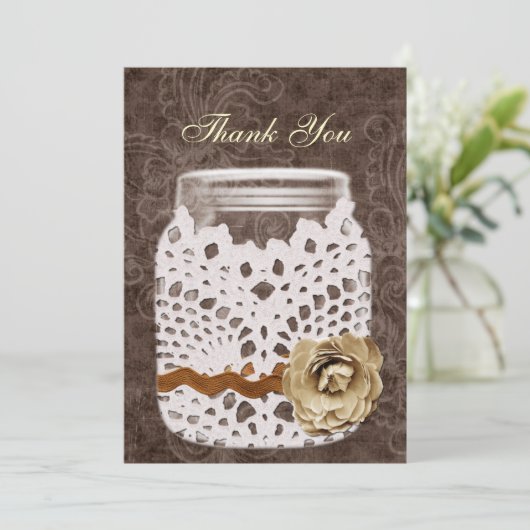 Rustic Lace Wrapped Mason Jar Wedding Bedankkaart (Staand voorkant)