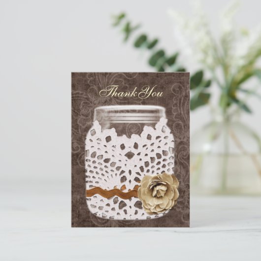 Rustic Lace Wrapped Mason Jar Wedding Briefkaart (Staand voorkant)