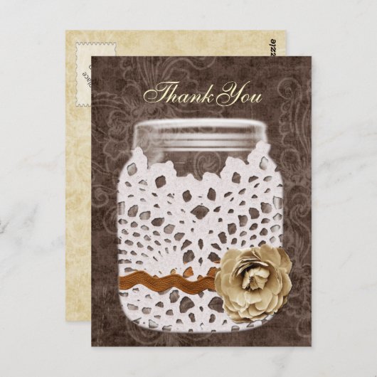Rustic Lace Wrapped Mason Jar Wedding Briefkaart (Voorkant / Achterkant)
