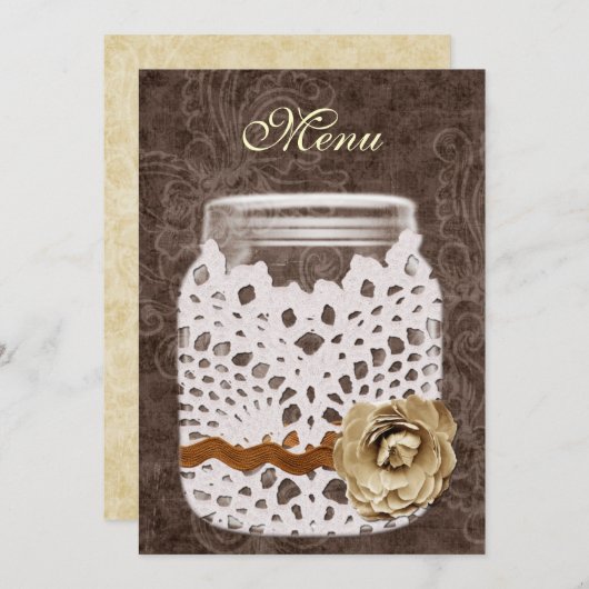 Rustic Lace Wrapped Mason Jar Wedding Menu (Voorkant / Achterkant)