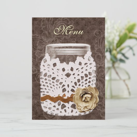 Rustic Lace Wrapped Mason Jar Wedding Menu (Staand voorkant)