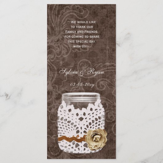 Rustic Lace Wrapped Mason Jar Wedding Programmakaart (Achterkant)