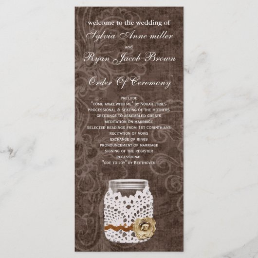 Rustic Lace Wrapped Mason Jar Wedding Programmakaart (Voorkant)