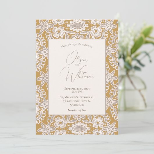 Rustic Lace Yellow Wedding Invitations Kaart (Staand voorkant)
