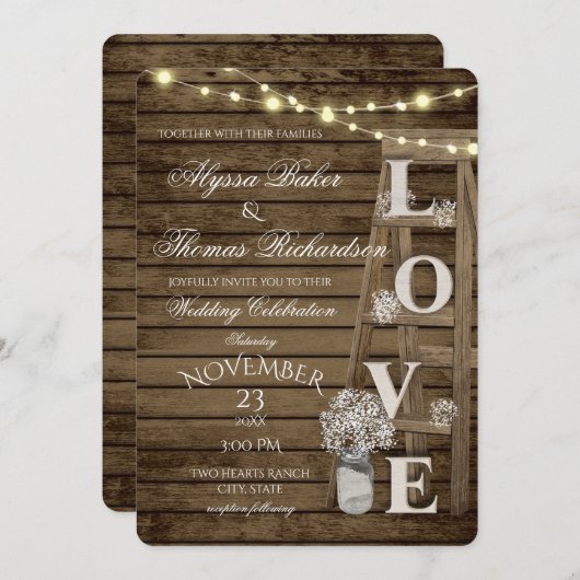 Rustic Ladder and Lights Love Wedding Invitation Kaart (Voorkant / Achterkant)
