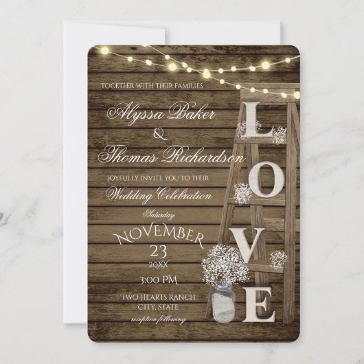 Rustic Ladder and Lights Love Wedding Invitation Kaart (Voorkant)