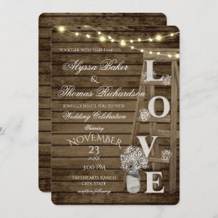 Rustic Ladder and Lights Love Wedding Invitation Kaart