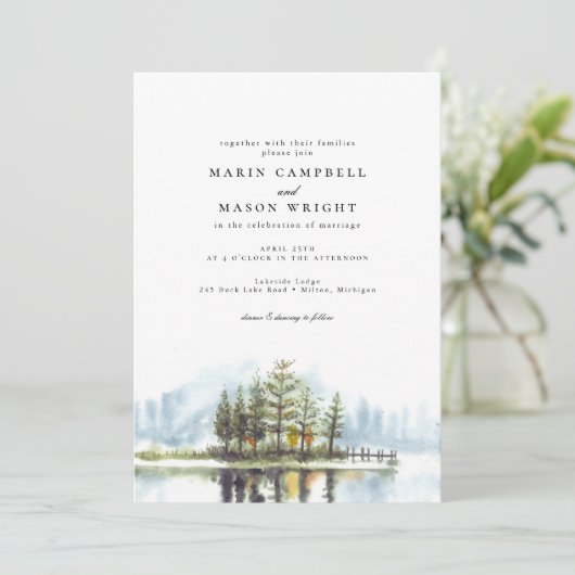 Rustic Lake Forest Waterverf Woodland Wedding Kaart (Staand voorkant)