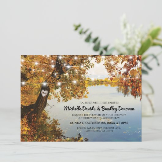 Rustic Lake Herfst Tree Wedding Kaart (Staand voorkant)