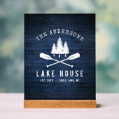 Rustic Lake House Boat Oars Trees Blue Wood Print Acryl Bord (Neutraal)