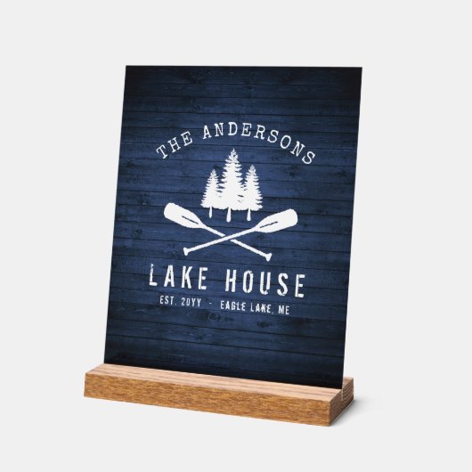 Rustic Lake House Boat Oars Trees Blue Wood Print Acryl Bord (Hoek)