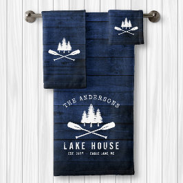 Rustic Lake House Boat Oars Trees Blue Wood Print Bad Handdoek