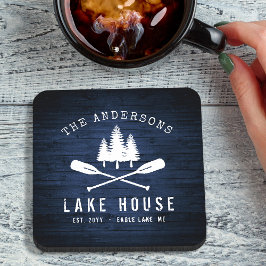 Rustic Lake House Boat Oars Trees Blue Wood Print Bier Onderzetter