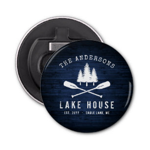 Rustic Lake House Boat Oars Trees Blue Wood Print Button Flesopener