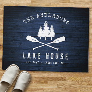Rustic Lake House Boat Oars Trees Blue Wood Print Deurmat