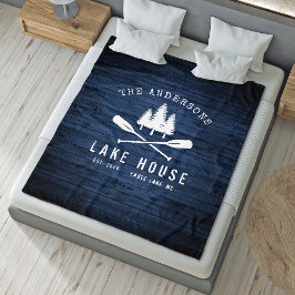 Rustic Lake House Boat Oars Trees Blue Wood Print Fleece Deken
