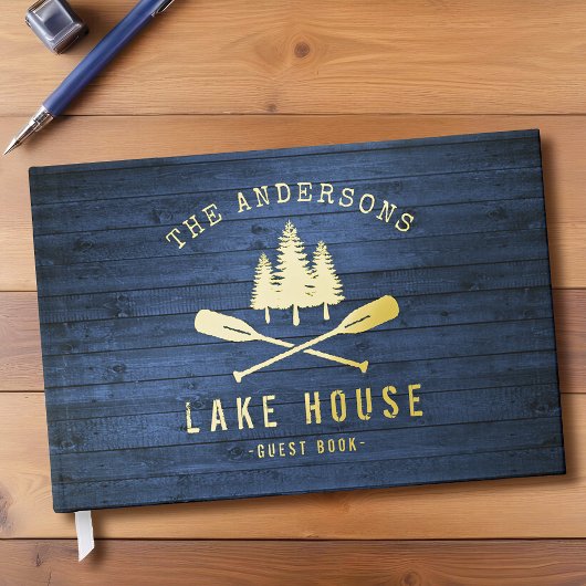 Rustic Lake House Boat Oars Trees Blue Wood Print Gastenboek