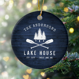 Rustic Lake House Boat Oars Trees Blue Wood Print Keramisch Ornament
