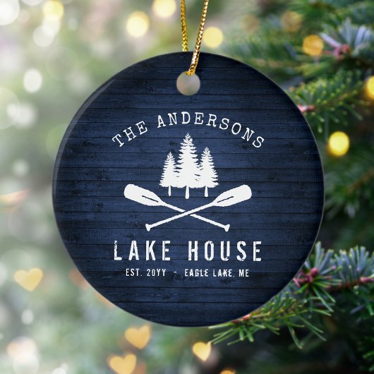Rustic Lake House Boat Oars Trees Blue Wood Print Keramisch Ornament