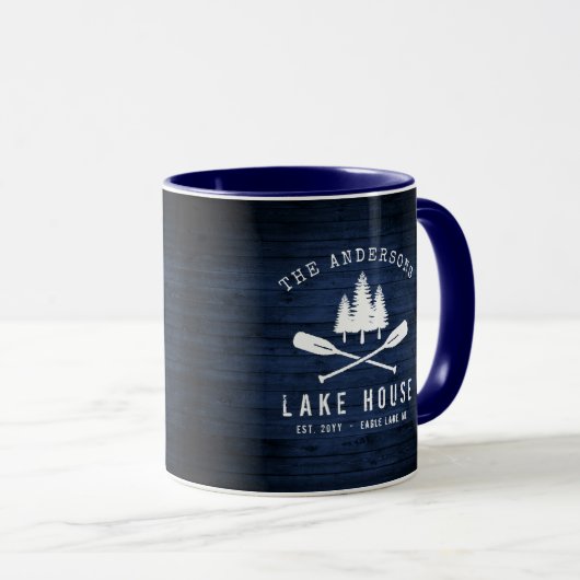 Rustic Lake House Boat Oars Trees Blue Wood Print Mok (Voorkant rechts)