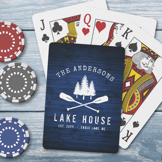 Rustic Lake House Boat Oars Trees Blue Wood Print Pokerkaarten