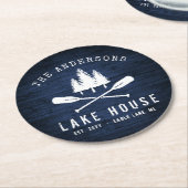 Rustic Lake House Boat Oars Trees Blue Wood Print Ronde Kartonnen Onderzetter (Gebogen)