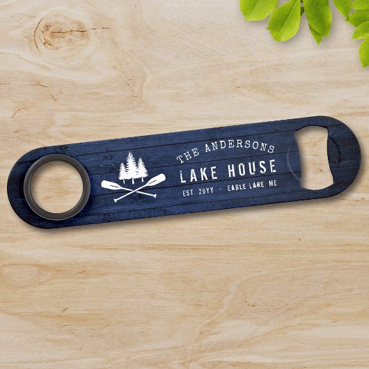 Rustic Lake House Boat Oars Trees Blue Wood Print Speed Flessenopener