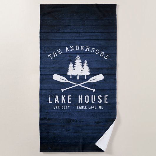 Rustic Lake House Boat Oars Trees Blue Wood Print Strandlaken (Voorkant)