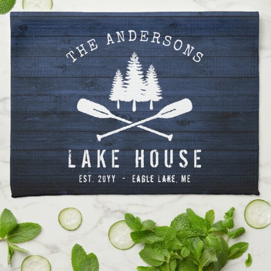 Rustic Lake House Boat Oars Trees Blue Wood Print Theedoek (Gevouwen)