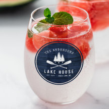 Rustic Lake House Boat Oars Trees Blue Wood Print