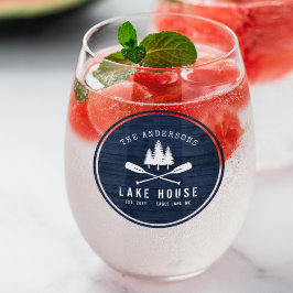 Rustic Lake House Boat Oars Trees Blue Wood Print Wijnglas Zonder Voet