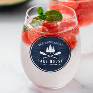 Rustic Lake House Boat Oars Trees Blue Wood Print Wijnglas Zonder Voet