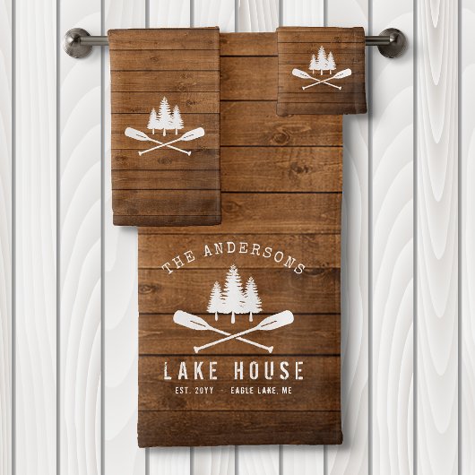 Rustic Lake House Boat Oars Trees Wood Print Bad Handdoek