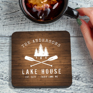 Rustic Lake House Boat Oars Trees Wood Print Bier Onderzetter