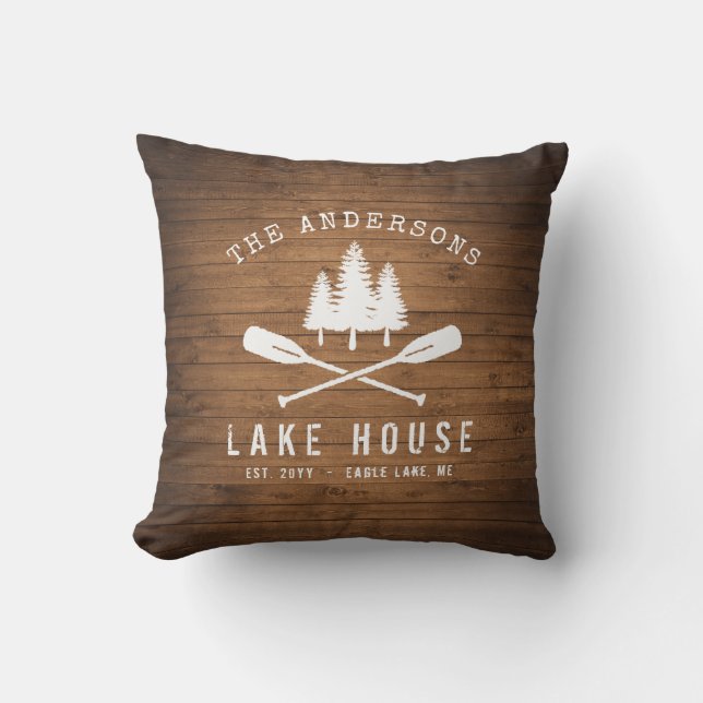 Rustic Lake House Boat Oars Trees Wood Print Buitenkussen (Voorkant)