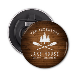 Rustic Lake House Boat Oars Trees Wood Print Button Flesopener